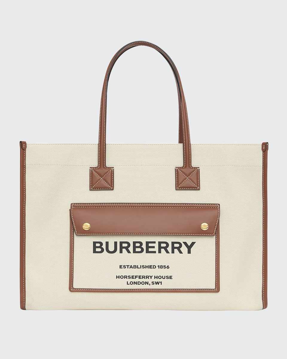Smooth Leather & Canvas Pocket East-West Tote Bag